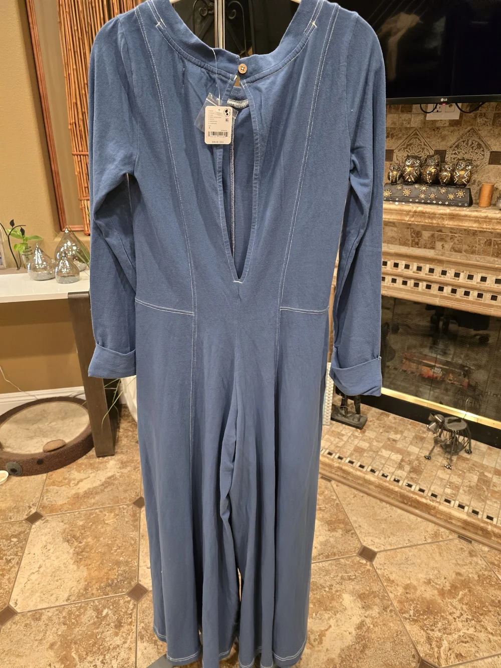 Free People Steel Strada Blue Long Sleeve Maxi Jumpsuit